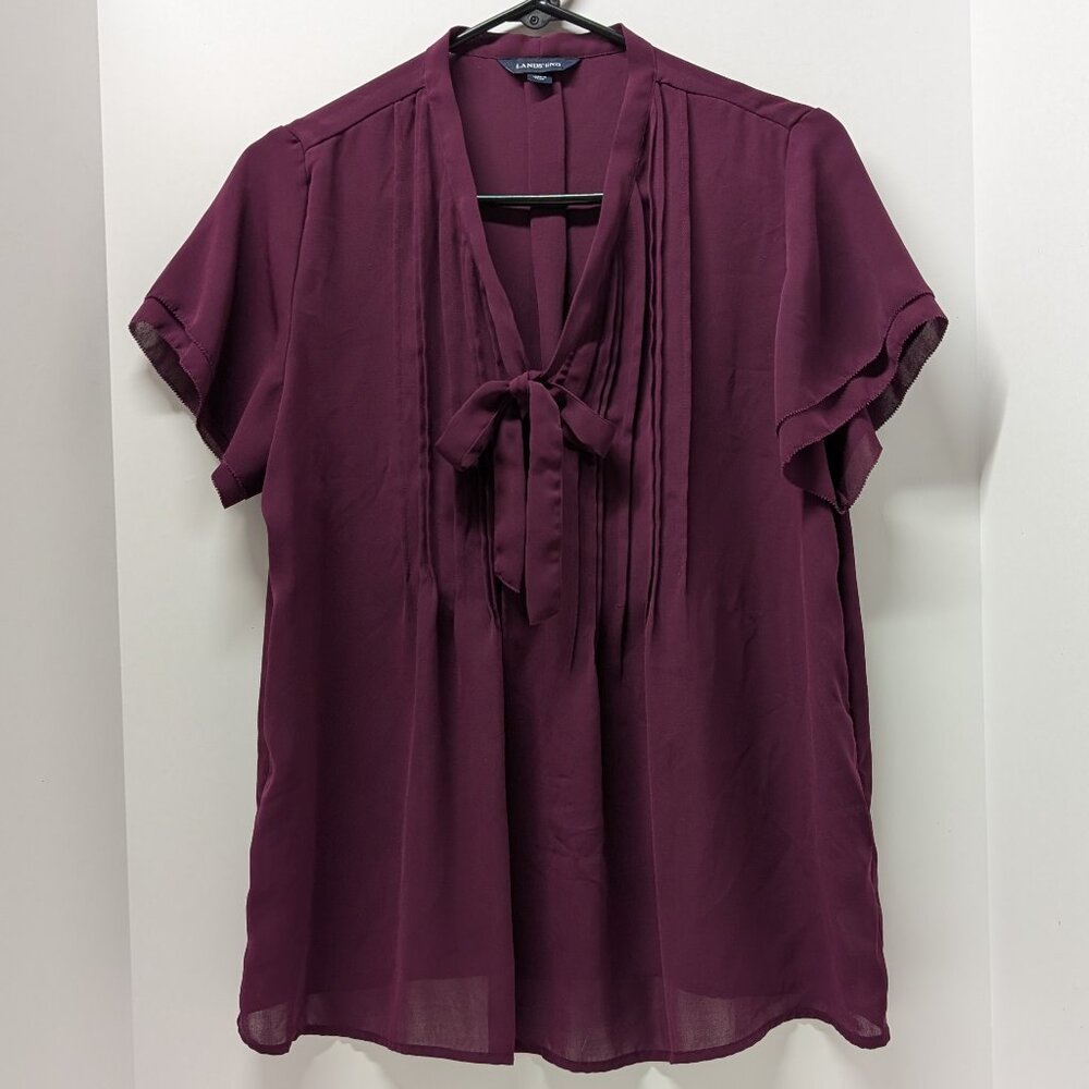 Lands' End Tie Neck Sheer Pintuck Blouse in Purple
